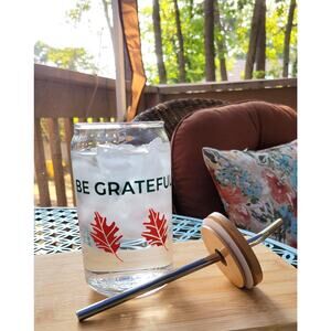 Eco-Friendly Gratitude Jar: Glass Can-shaped glass w/bamboo lid and metal straw,